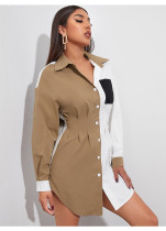 Women's waist collection color contrast splicing top pocket long sleeve chiffon shirt