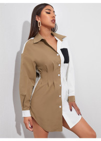 Women's waist collection color contrast splicing top pocket long sleeve chiffon shirt