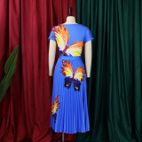 Fashion printed T-shirt top big hem pleated skirt suit skirt