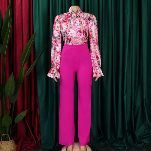 Autumn and winter loose large casual printing long sleeve shirt wide leg pants two-piece set