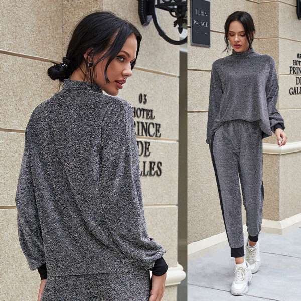 Fashion casual high elastic silk long sleeve household women's round neck women's sports two-piece set