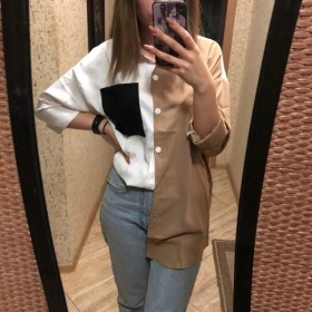 Women's color contrast splicing top pocket design sense long sleeved chiffon blouse