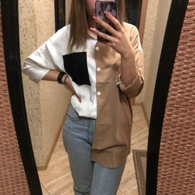 Women's color contrast splicing top pocket design sense long sleeved chiffon blouse