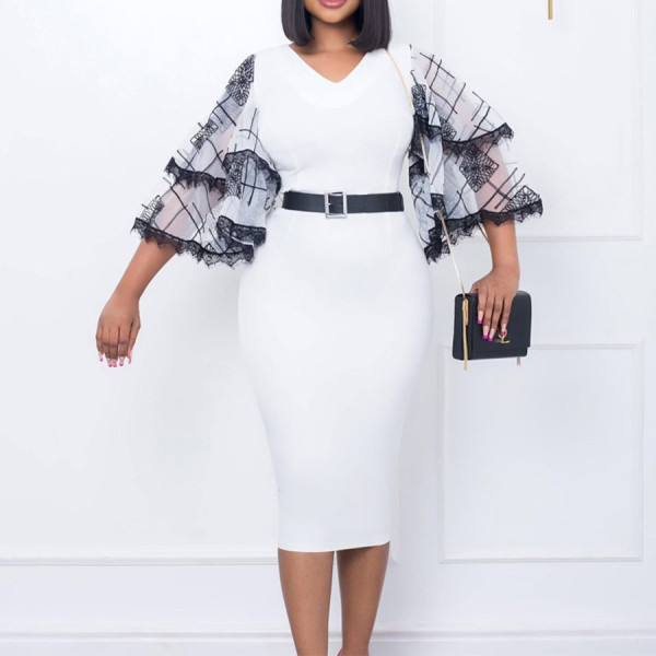 V-Neck Flare Sleeve Hip Wrap Commuter Office Pencil Dress Dress