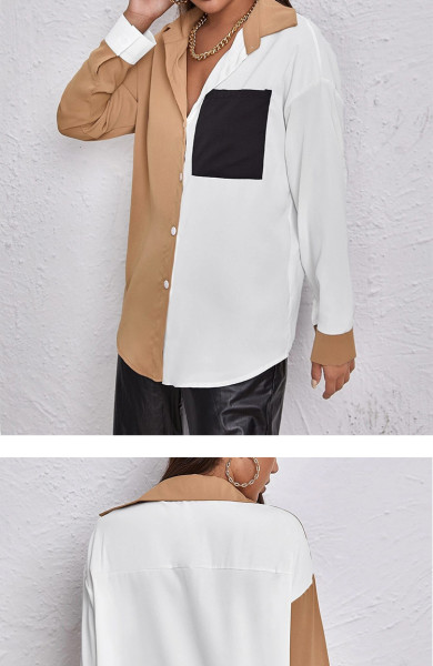 Women's color contrast splicing top pocket design sense long sleeved chiffon blouse