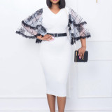 V-Neck Flare Sleeve Hip Wrap Commuter Office Pencil Dress Dress
