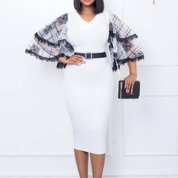 V-Neck Flare Sleeve Hip Wrap Commuter Office Pencil Dress Dress