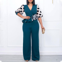 V-Neck Slim Fit High Waist Mesh Splice Oversized Jumpsuit V-Neck Slim Fit High Waist Mesh Splice Oversized Jumpsuit