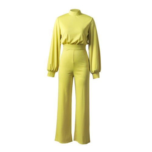 Women's sexy wide leg pants Summer women's solid color high collar backless long sleeve casual one-piece pants