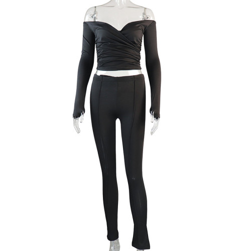 Sexy chest wrapped long sleeve top trousers casual sports suit