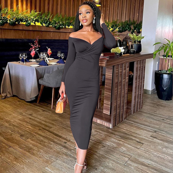 Solid sexy chest wrap long sleeve hip wrap fashion dress