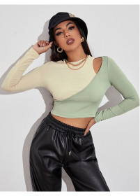 Sexy short color contrast off shoulder t-shirt splicing slim top women's bottomed long sleeve T-shirt