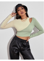 Sexy short color contrast off shoulder t-shirt splicing slim top women's bottomed long sleeve T-shirt Sexy short color contrast off shoulder t-shirt splicing slim top women's bottomed long sleeve T-shirt