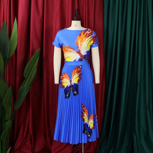 Fashion printed T-shirt top big hem pleated skirt suit skirt