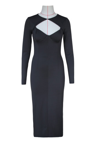 Sexy women's autumn black long one step dress temperament long sleeve solid color tight dress