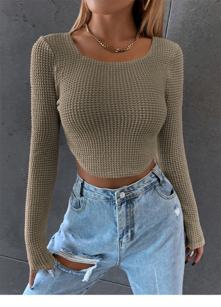 Women's short tight sexy zipper sweater short wide neck long sleeve T-shirt