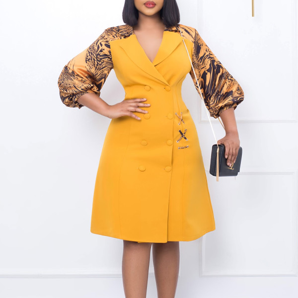 Fashion Tongle printed patchwork suit collar oversize dress