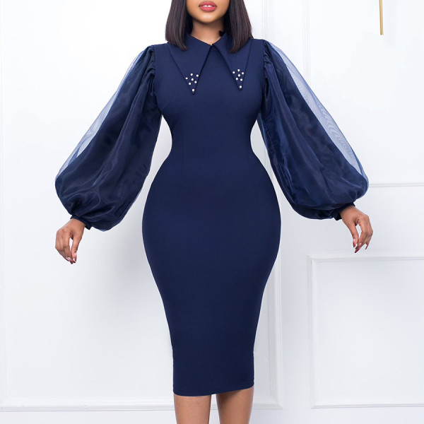 Long sleeved oversize wrap buttocks nail bead mesh splicing Tongle pencil skirt dress