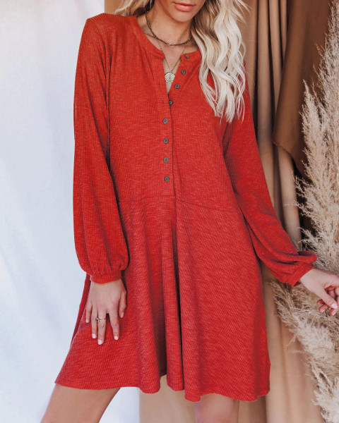 Solid V-neck long sleeve twist button casual dress for women