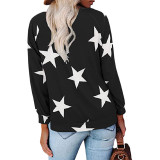 Five pointed star printed V-neck long sleeved sweater T-shirt for women