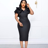 Oversized ruffle wrap buttocks OL short sleeve dress