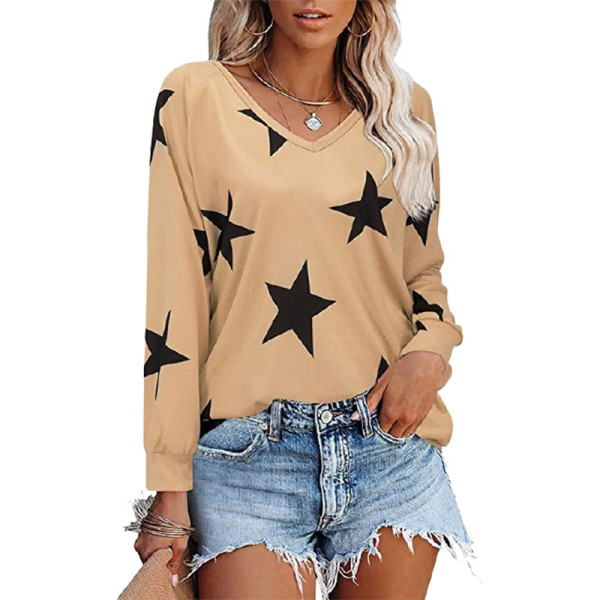 Five pointed star printed V-neck long sleeved sweater T-shirt for women