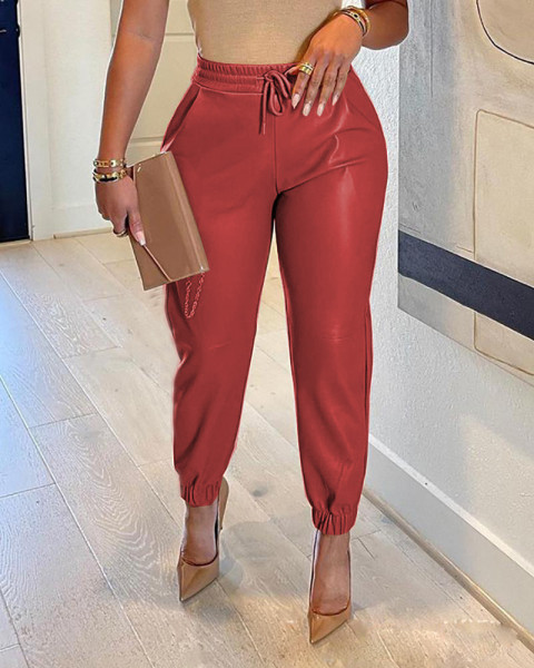 Solid drawstring pocket PU leather casual fashion leggings leather trousers