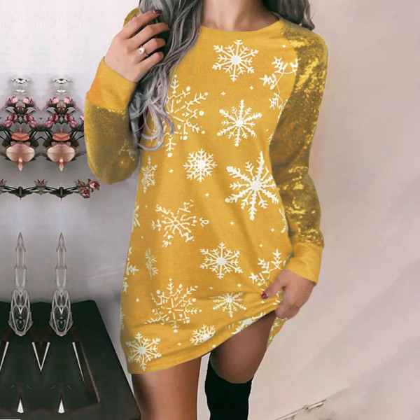 Christmas Bright Color Contrast Snowflake Print Long Sleeve Christmas Women's Dress