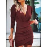 Narrow waist solid color V-neck long sleeve tight skirt ethnic style nightclub dress