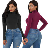 Long sleeve high neck slim fitting solid color bodysuit