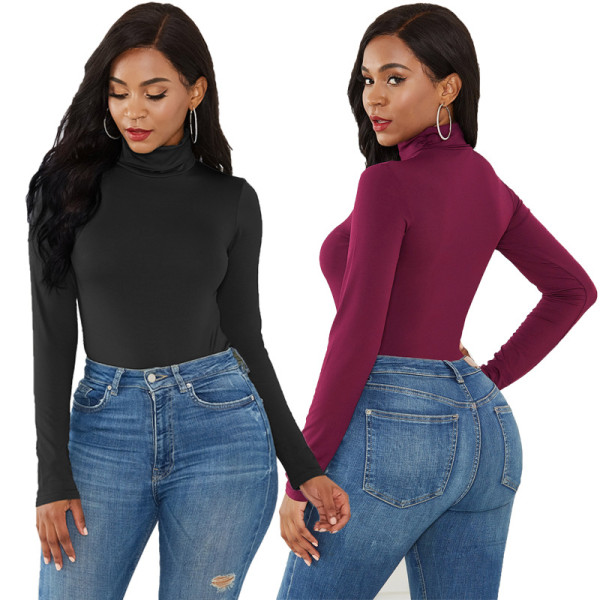 Long sleeve high neck slim fitting solid color bodysuit