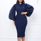 Long sleeved oversize wrap buttocks nail bead mesh splicing Tongle pencil skirt dress