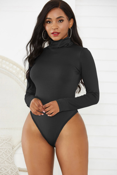 Long sleeve high neck slim fitting solid color bodysuit
