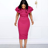 Oversized ruffle wrap buttocks OL short sleeve dress
