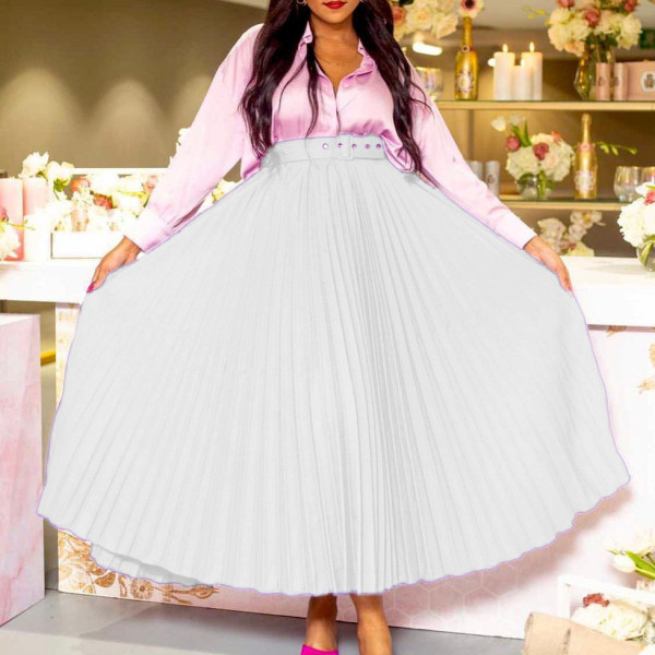 High waist and large hem medium long pleated skirt