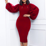 Long sleeved oversize wrap buttocks nail bead mesh splicing Tongle pencil skirt dress