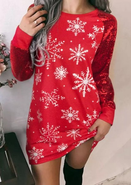 Christmas Bright Color Contrast Snowflake Print Long Sleeve Christmas Women's Dress
