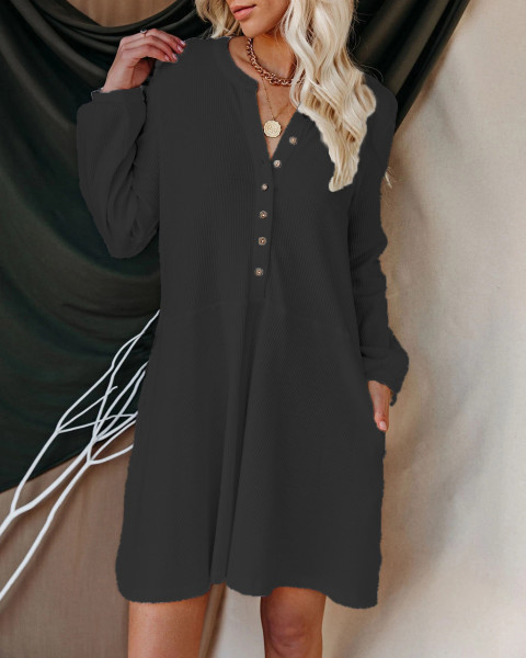 Solid V-neck long sleeve twist button casual dress for women