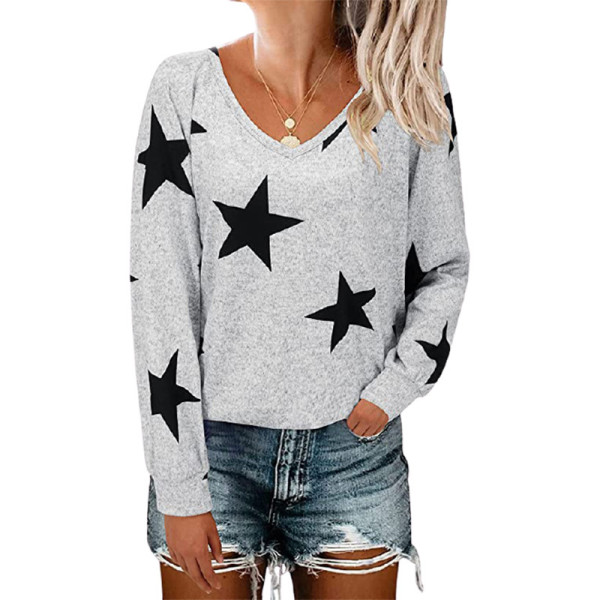 Five pointed star printed V-neck long sleeved sweater T-shirt for women