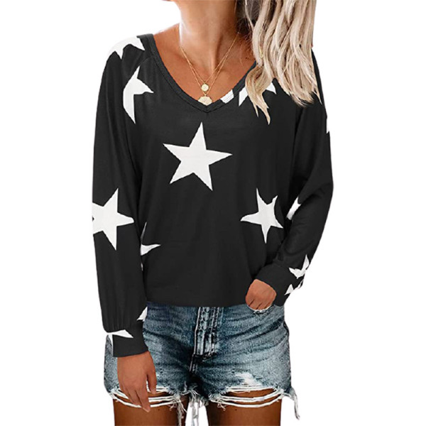 Five pointed star printed V-neck long sleeved sweater T-shirt for women