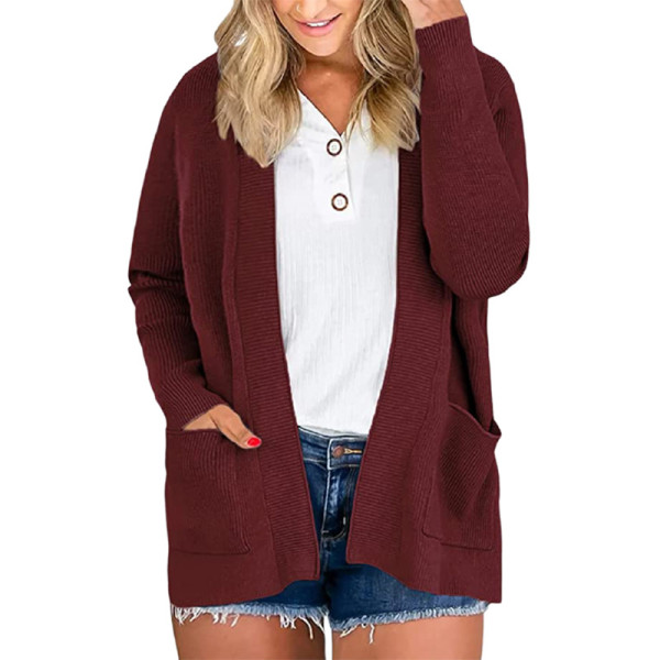 Women's sweater cardigan pocket solid color pit strip sweater women's coat