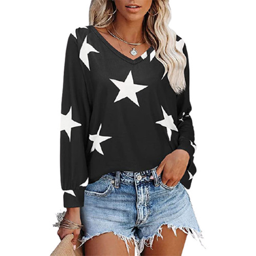 Five pointed star printed V-neck long sleeved sweater T-shirt for women