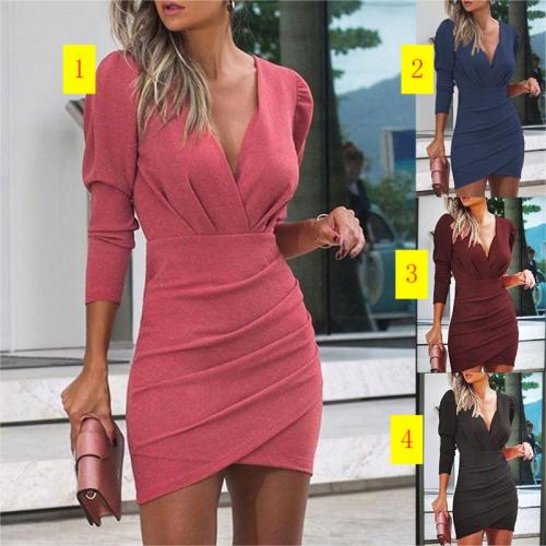 Narrow waist solid color V-neck long sleeve tight skirt ethnic style nightclub dress