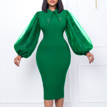 Long sleeved oversize wrap buttocks nail bead mesh splicing Tongle pencil skirt dress Long sleeved oversize wrap buttocks nail bead mesh splicing Tongle pencil skirt dress