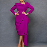 Solid long sleeve diagonal collar pleated pencil dress dress