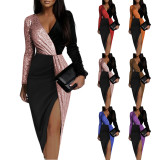 Color blocking ethnic style, high waist, solid color, commuting mid length skirt, long sleeve, waist closing, shiny dress