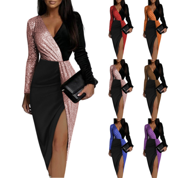 Color blocking ethnic style, high waist, solid color, commuting mid length skirt, long sleeve, waist closing, shiny dress