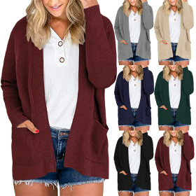 Women's sweater cardigan pocket solid color pit strip sweater women's coat