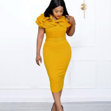 Oversized ruffle wrap buttocks OL short sleeve dress