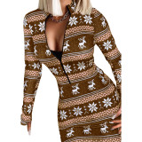 Printed Christmas V Leader Zipper Long Sleeve Christmas Dress Christmas Women's Dress